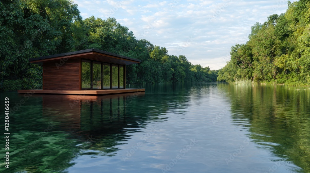 sustainable tourism ecotourism eco-lodges concept. A serene floating house on calm waters surrounded by lush greenery under a bright sky, embodying tranquility and nature's beauty. sustainable tourism ecotourism eco-lodges concept. A serene floating house on calm waters surrounded by lush greenery under a bright sky, embodying tranquility and nature's beauty.