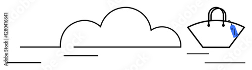 Handbag with blue price tag floating among stylized clouds. Ideal for fashion, shopping, retail, travel, simplicity, elegance, minimalism themes. Black and white abstract line flat metaphor