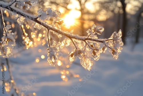 Iced branch sunset winter forest photo