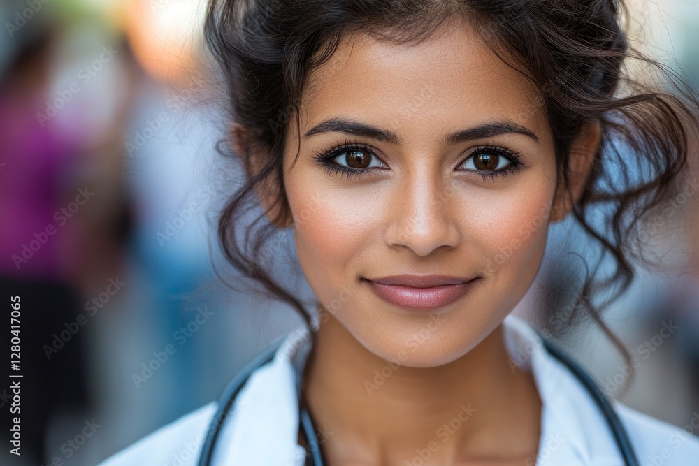 Young healthcare professional smiling warmly while wearing a stethoscope in a busy urban environment Young healthcare professional smiling warmly while wearing a stethoscope in a busy urban environment