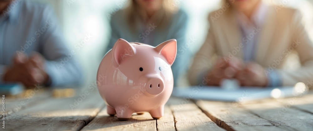 pastel pink piggy bank on wooden table with blurred background of people in meeting. pastel pink piggy bank on wooden table with blurred background of people in meeting.