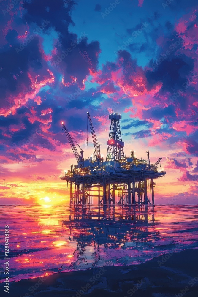 Fototapeta premium Stunning sunset view of an offshore oil rig jack, silhouetted against a vibrant sky.