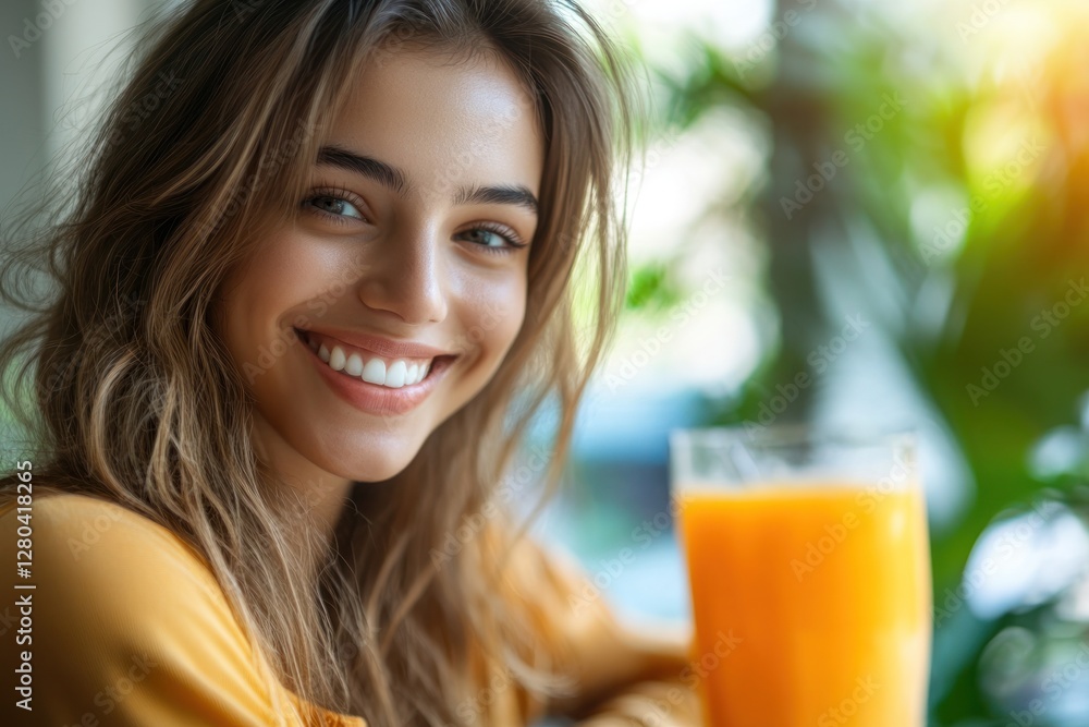 Young woman enjoying orange juice in a cozy cafe with natural light and greenery Young woman enjoying orange juice in a cozy cafe with natural light and greenery