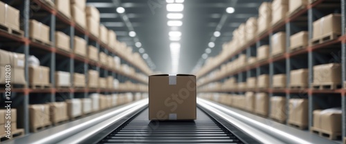 Cardboard Box on Conveyor Belt in Modern Warehouse with Shelves Stacked with Parcels and Soft Lighting Illuminating the Scene photo