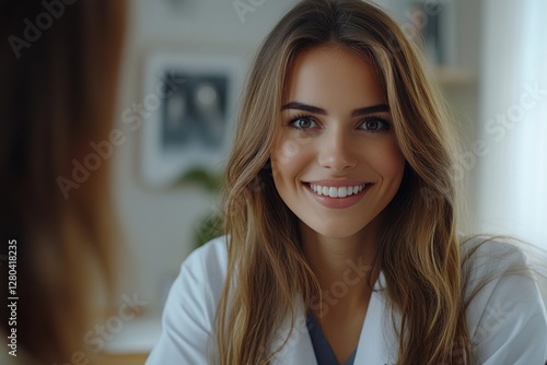 Free Download Smiling healthcare professional engaged in patient consultation in a modern clinic environment - GFXLoad