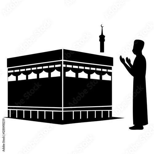 Muslim Man Praying in Front of Kaaba Silhouette Vector Illustration

