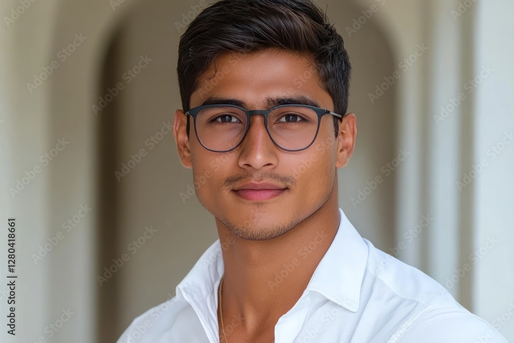 Young man with glasses posing confidently in a bright setting Young man with glasses posing confidently in a bright setting