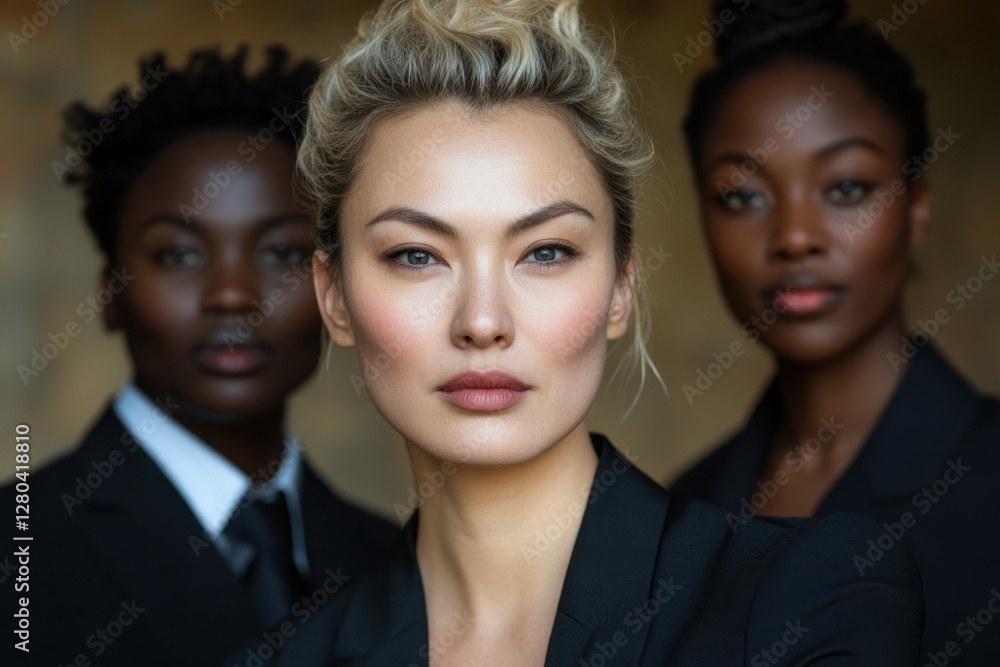 Three confident individuals in tailored suits posing for a striking portrait in an indoor setting Three confident individuals in tailored suits posing for a striking portrait in an indoor setting