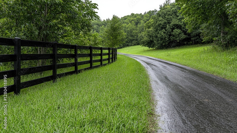 Country Road with Black Wooden Fence, Lush Green Grass, and Trees Country Road with Black Wooden Fence, Lush Green Grass, and Trees