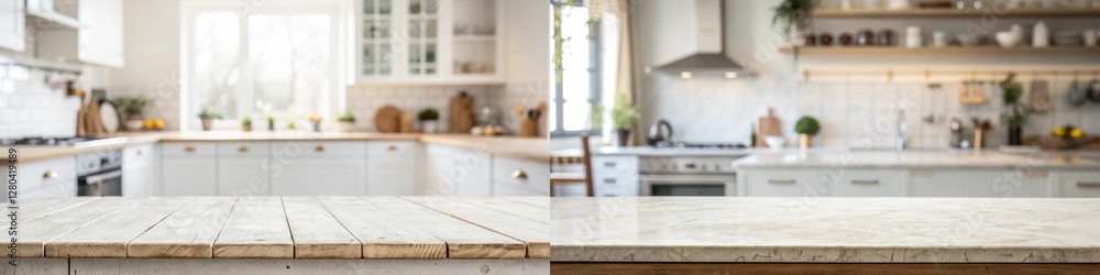Fototapeta premium The kitchen is clean and well-organized. There are two countertops, one with a wooden top and the other with a granite top. The kitchen has a lot of appliances, including a stove, oven, and sink