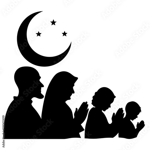 Islamic Family Praying Silhouette Vector with Crescent Moon