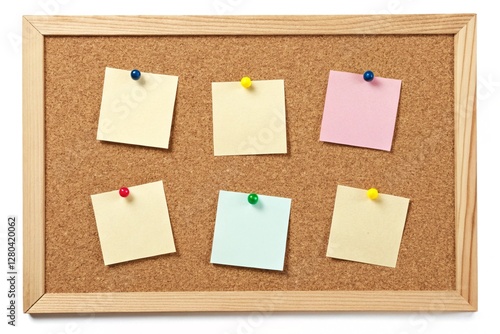 A wooden-framed cork bulletin board featuring six pastel-colored sticky notes secured with push pins, perfect for organizing tasks, reminders, and planning.  
