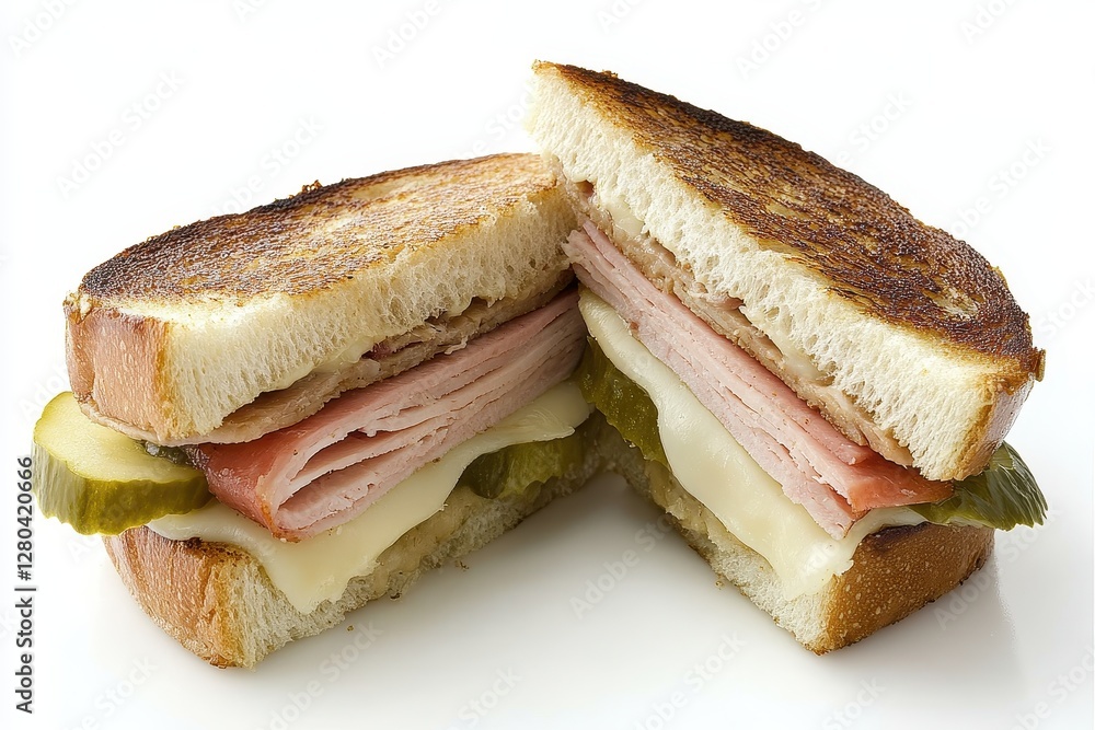 Delicious and Tasty Sandwich with Ham and Pickles on White Bread Delicious and Tasty Sandwich with Ham and Pickles on White Bread