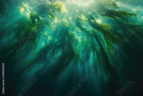 Sunbeams illuminate a lush underwater kelp forest, creating a magical, ethereal scene. photo