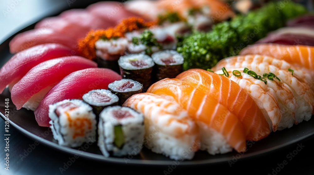 Sushi platter featuring a variety of fresh fish and rolls served on a black plate Sushi platter featuring a variety of fresh fish and rolls served on a black plate