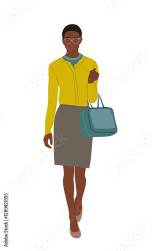 Modern black business woman. Vector realistic illustration of african american girl in smart casual fashionable office outfit. Stylish cartoon lady boss. Isolated