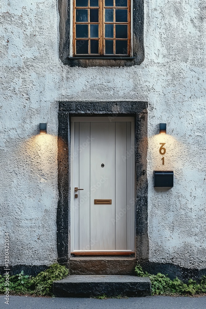 Fototapeta premium Large flat door, simple atmosphere style, house number, background wall.