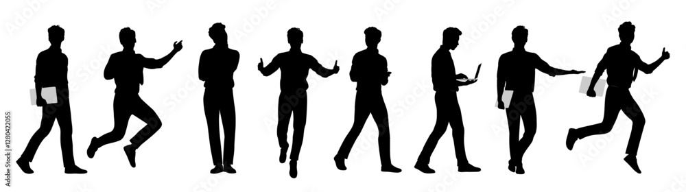 Silhouettes of Businessman character in different poses. Happy man running, standing, walking, jumping, using phone, laptop, front, side view. Vector black illustration Silhouettes of Businessman character in different poses. Happy man running, standing, walking, jumping, using phone, laptop, front, side view. Vector black illustration