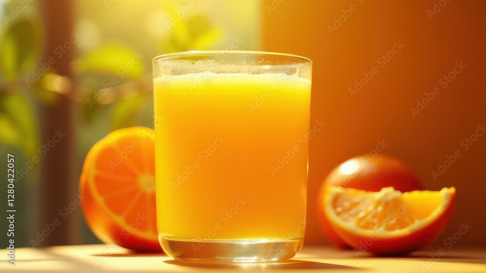 A glass of fresh orange juice is placed on a table with whole and sliced oranges in the background, illuminated by warm sunlight. A glass of fresh orange juice is placed on a table with whole and sliced oranges in the background, illuminated by warm sunlight.