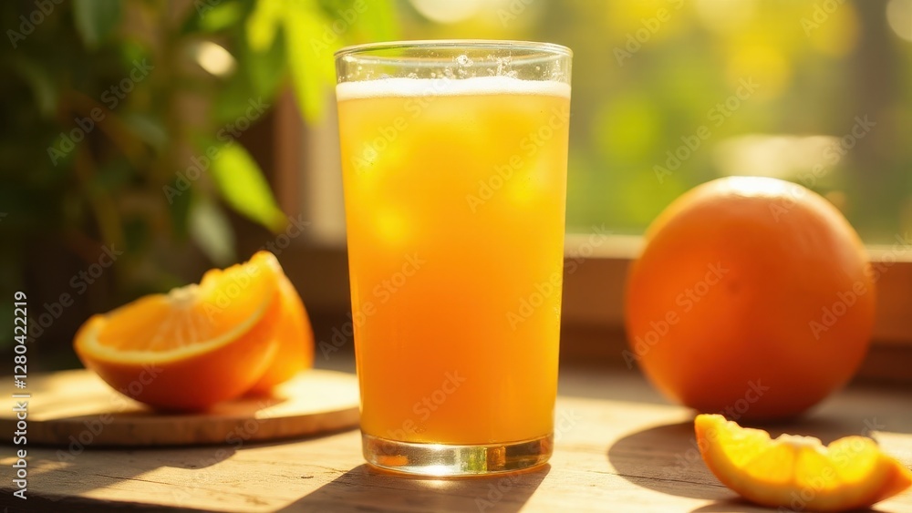Naklejka premium A glass of fresh orange juice with ice cubes sits on a wooden surface, accompanied by a whole orange and orange slices in the background.