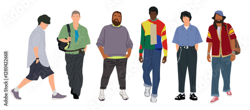 Set of Street fashion men vector illustrations. Young, mature, senior men wearing trendy modern street style outfit standing and walking. Cartoon stylish male characters isolated 