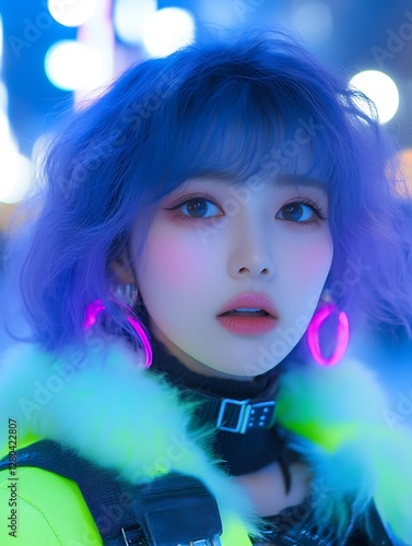 Vibrant Blue Hair Girl Neon Fashion Portrait