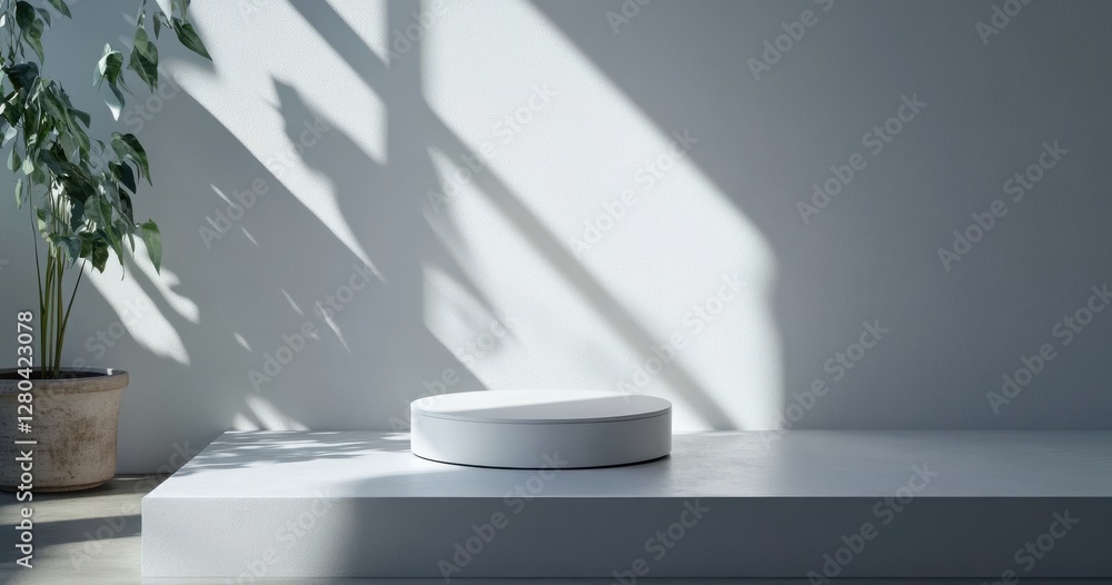 Minimalist display with circular pedestal on a clean surface illuminated by soft natural light from window shadows, showcasing modern aesthetics and tranquility Minimalist display with circular pedestal on a clean surface illuminated by soft natural light from window shadows, showcasing modern aesthetics and tranquility