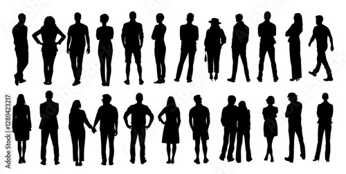 Silhouettes of different People Standing and walking Rear View. Male and Female, couple Characters Back View vector monochrome illustrations, icons Isolated
