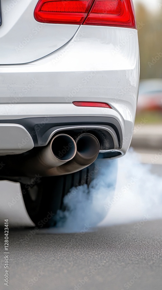 Obraz premium White Car Exhaust Emitting Smoke on Asphalt Road
