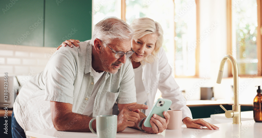 Fototapeta premium Morning, phone and relax with old couple in kitchen for retirement fund, social security benefits or news. Senior discount, membership application and update with people at home search and sign up