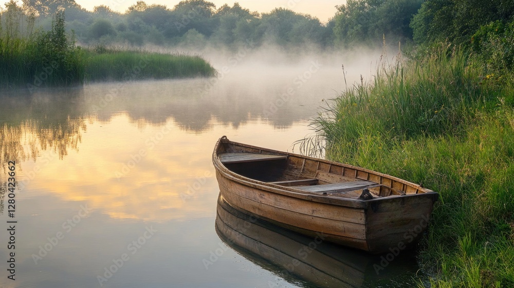 Tranquil dawn, Boat rests on misty lake shore, nature's serenity Tranquil dawn, Boat rests on misty lake shore, nature's serenity