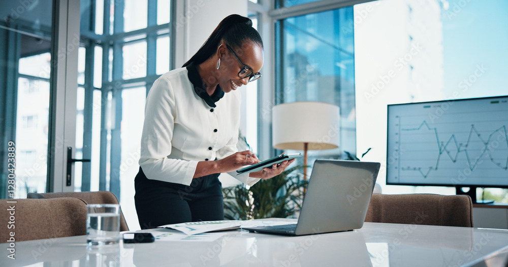 Laptop, smile and woman with tablet, graphs and excited for revenue in company and financial report. Corporate, online and black person with app for analysis, profit and account manager with project Laptop, smile and woman with tablet, graphs and excited for revenue in company and financial report. Corporate, online and black person with app for analysis, profit and account manager with project