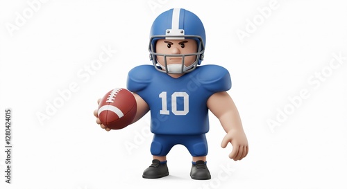 3D cartoon football player in a blue uniform holding a football, wearing a helmet with a white stripe, and standing confidently on a white background.