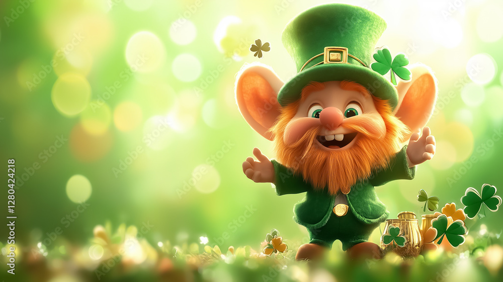 Fototapeta premium A playful leprechaun with a big smile is surrounded by shamrocks, celebrating in a bright green setting that evokes the joy of St. Patrick's Day festivities