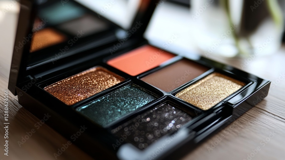 Vibrant makeup palette with glittery shades placed on a wooden surface in natural light Vibrant makeup palette with glittery shades placed on a wooden surface in natural light