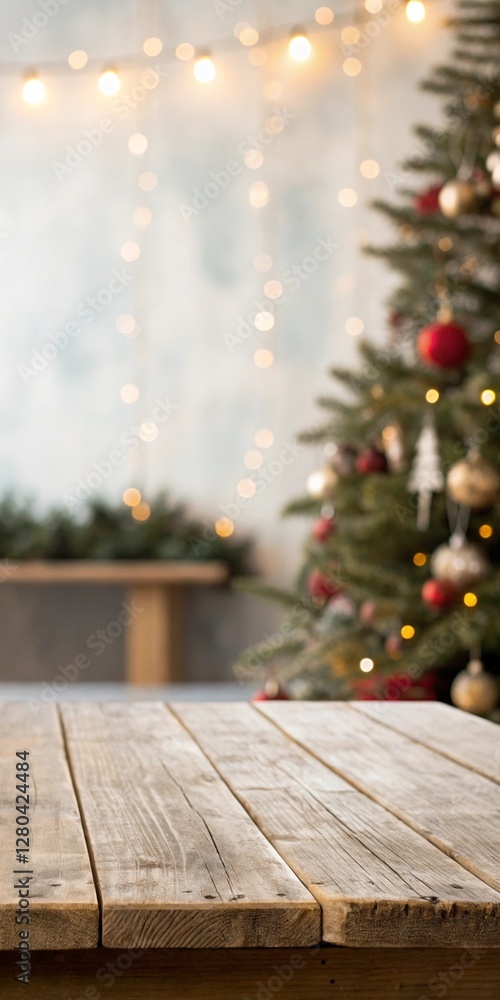 A Christmas tree with red and gold ornaments sits in front of a wooden table. The table is empty, and the room is dimly lit, creating a cozy and festive atmosphere A Christmas tree with red and gold ornaments sits in front of a wooden table. The table is empty, and the room is dimly lit, creating a cozy and festive atmosphere