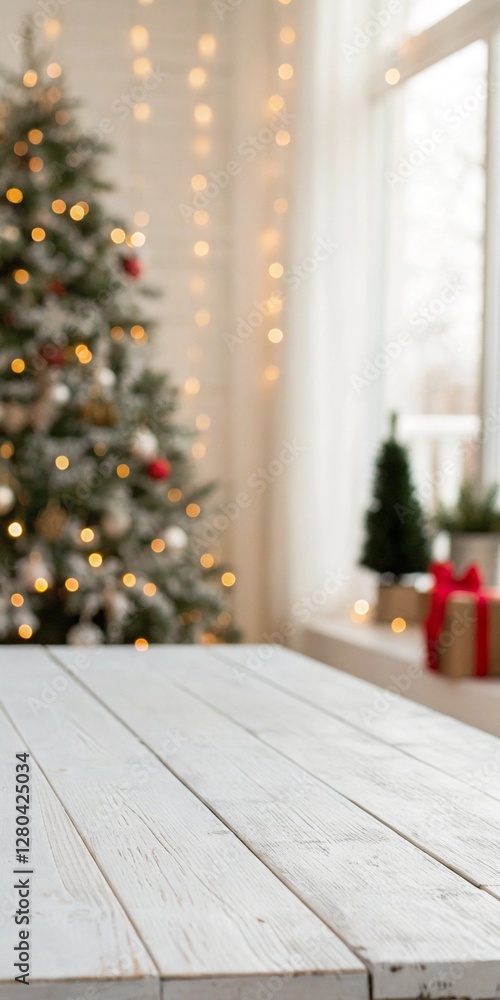 A Christmas tree is lit up with lights and ornaments. The room is decorated with a white table and a window A Christmas tree is lit up with lights and ornaments. The room is decorated with a white table and a window