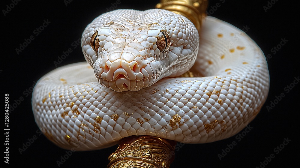 Fototapeta premium Albino python coiled around a golden staff with intricate designs on a textured surface