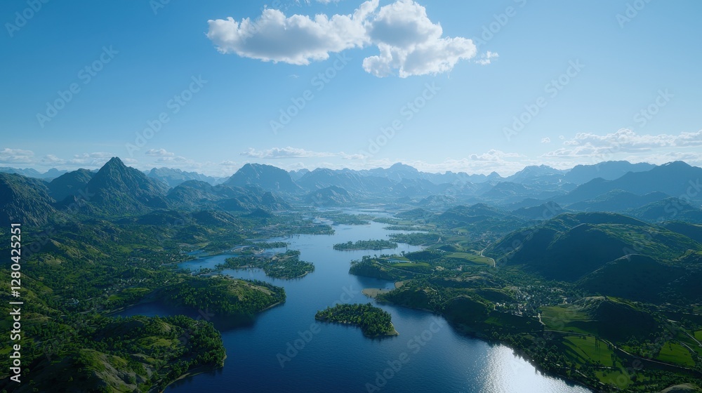 Scenic view of a lake surrounded by mountains with a small town on the shoreline Scenic view of a lake surrounded by mountains with a small town on the shoreline