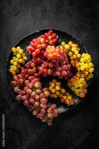 High contrast image of bunches of red and yellow grapes on a black plate against a black textured background with dramatic lighting. Top view.