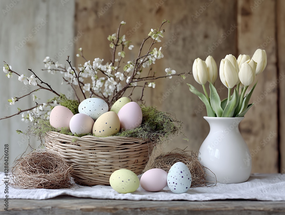 Obraz premium ナチュラルなバスケットに入ったパステルカラーのイースターエッグと白いチューリップの装飾 | Pastel Easter Eggs in a Natural Basket with White Tulips Decoration