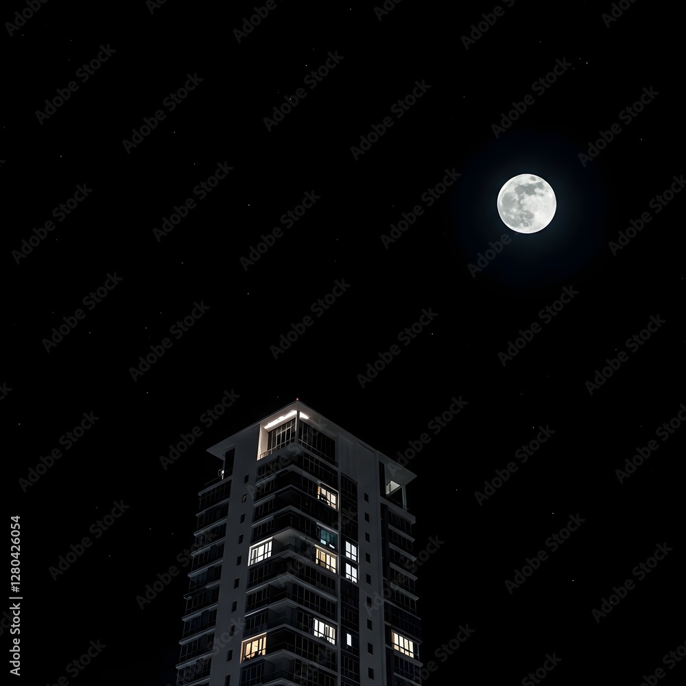 Fototapeta premium Edificio minimalista de gran altura con luna llena por la noche