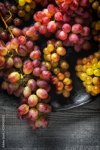 Fresh red yellow grapes on a dark textured plate with soft lighting and rich color contrast against a dark gray wooden background