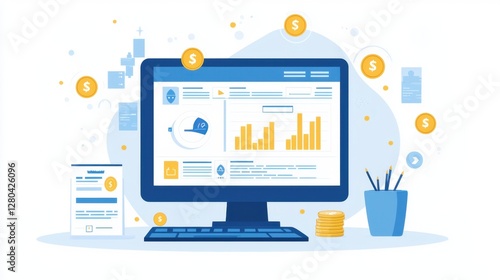Wallpaper Mural Digital Marketing Dashboard with Graphs and Financial Reports Featuring a Computer Screen and Currency Symbols for Business Analysis Torontodigital.ca