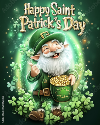 A leprechaun smiles while holding a pot of gold amidst shamrocks and glowing light, conveying joy and magic in celebration of Saint Patrick's Day. Vibrant color enhances festive mood