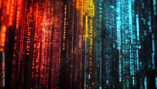 Wallpaper Mural Colorful binary code cascading, digital data stream in city background Torontodigital.ca