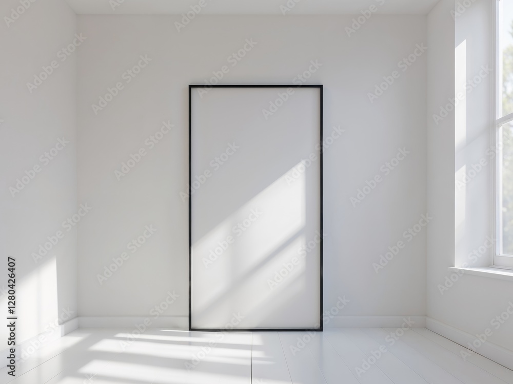 A blank vertical frame mockup in a bright children room with a white wall and white floor. A blank vertical frame mockup in a bright children room with a white wall and white floor.