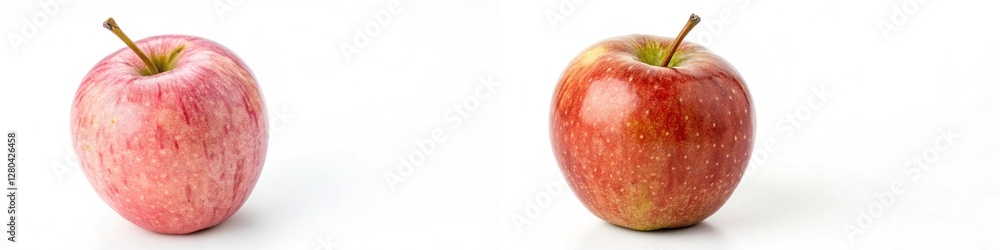 Two apples side by side, one is red and the other is green. The red apple is larger and has a stem Two apples side by side, one is red and the other is green. The red apple is larger and has a stem