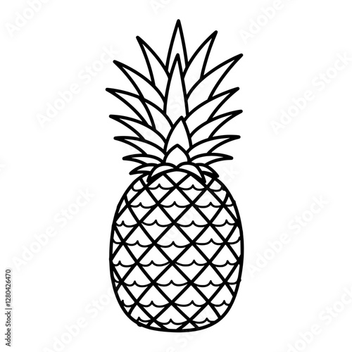 Pineapple Outline: A crisp, stylized outline of a pineapple, highlighting its textured skin and spiky crown, perfect for design or coloring projects.