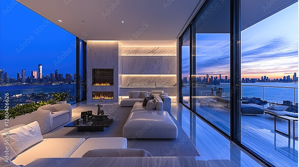 Fototapeta premium A luxurious penthouse apartment with floor-to-ceiling glass windows showcasing a breathtaking city skyline at sundown.